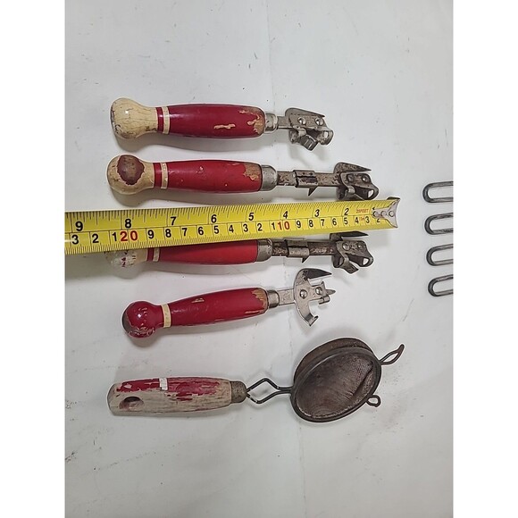 Vintage Set Of 7 Retro Red Handled Wooden Stainless Steel Kitchen Tools - Picture 2 of 6